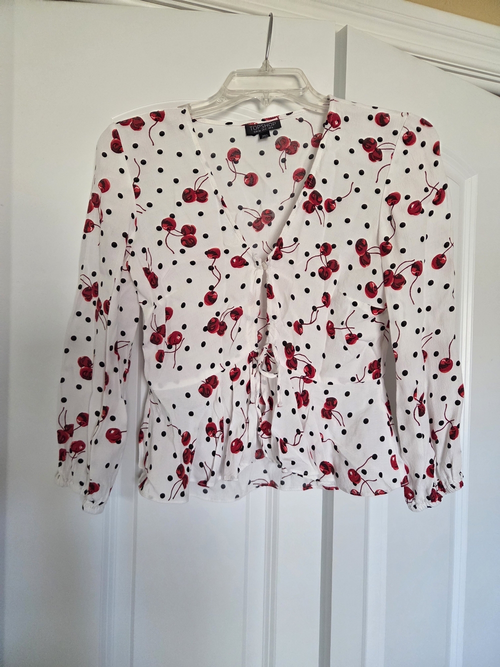Topshop White Blouse with Red Cherry & Black Polka Dots